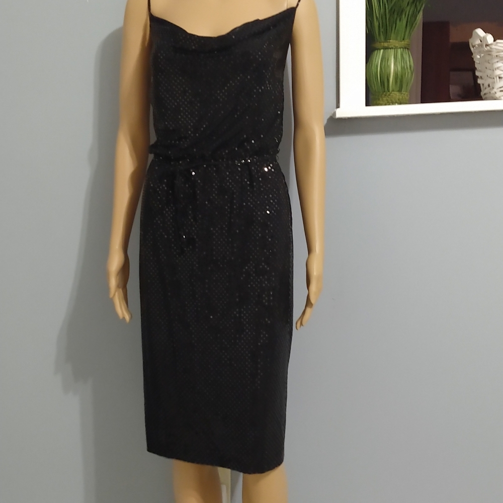 Vintage spaghetti strap sequin drape neck dress.